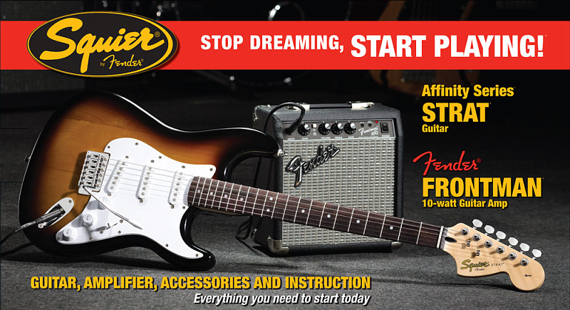Фото FENDER SQUIER AFFINITY SERIES STRAT BLACK набор: электрогитара, цвет черный, и усилитель 10G