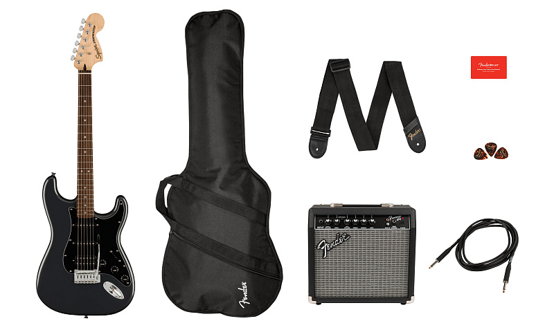 Фото Электрогитара в комплекте FENDER SQUIER Affinity 2021 Stratocaster HSS Pack LRL Charcoal Frost Metallic